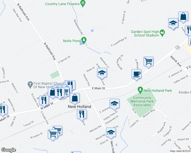 map of restaurants, bars, coffee shops, grocery stores, and more near 360 Warren Street in New Holland
