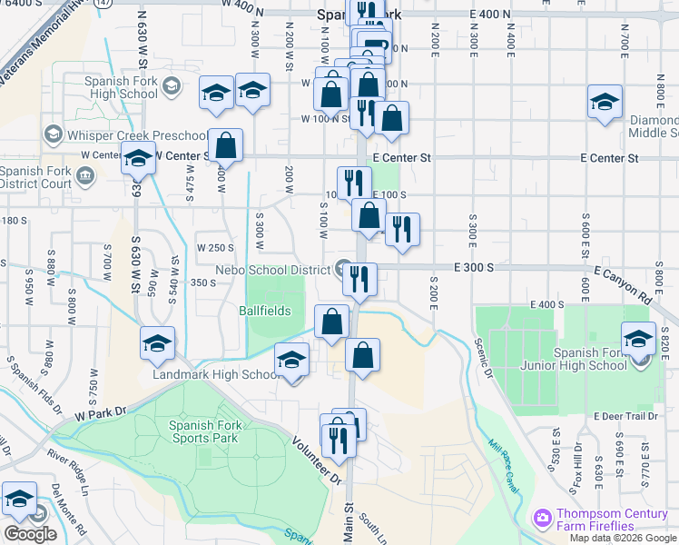 map of restaurants, bars, coffee shops, grocery stores, and more near 323 S Street in Spanish Fork