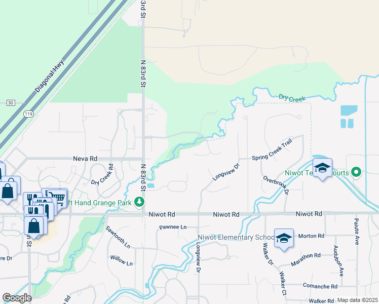map of restaurants, bars, coffee shops, grocery stores, and more near 7199 Stable Drive in Longmont