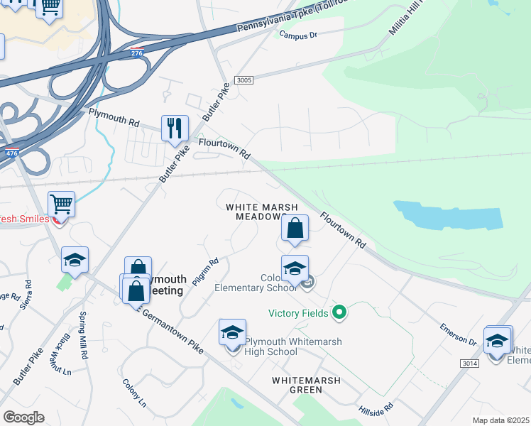 map of restaurants, bars, coffee shops, grocery stores, and more near 114 Woodbine Way in Plymouth Meeting