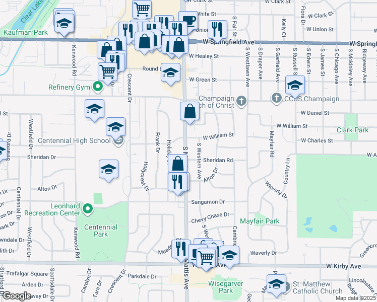 map of restaurants, bars, coffee shops, grocery stores, and more near 1008 South Mattis Avenue in Champaign