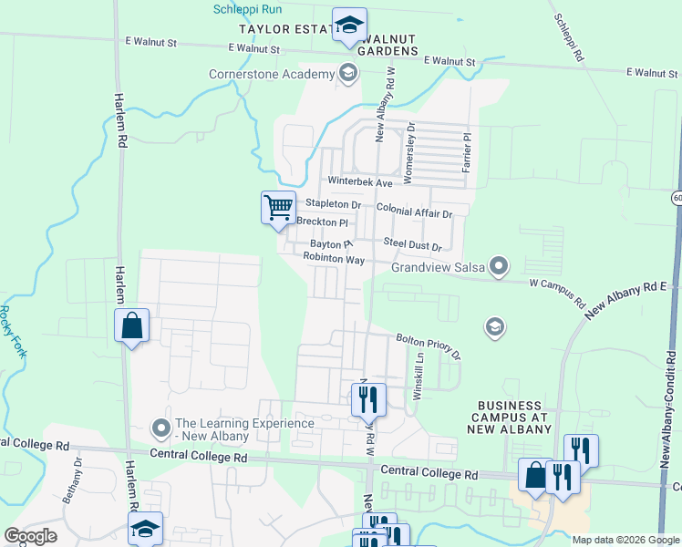map of restaurants, bars, coffee shops, grocery stores, and more near 5995 Andrew John Drive in New Albany