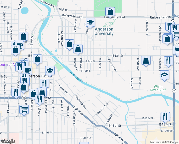 map of restaurants, bars, coffee shops, grocery stores, and more near 917 East 10th Street in Anderson