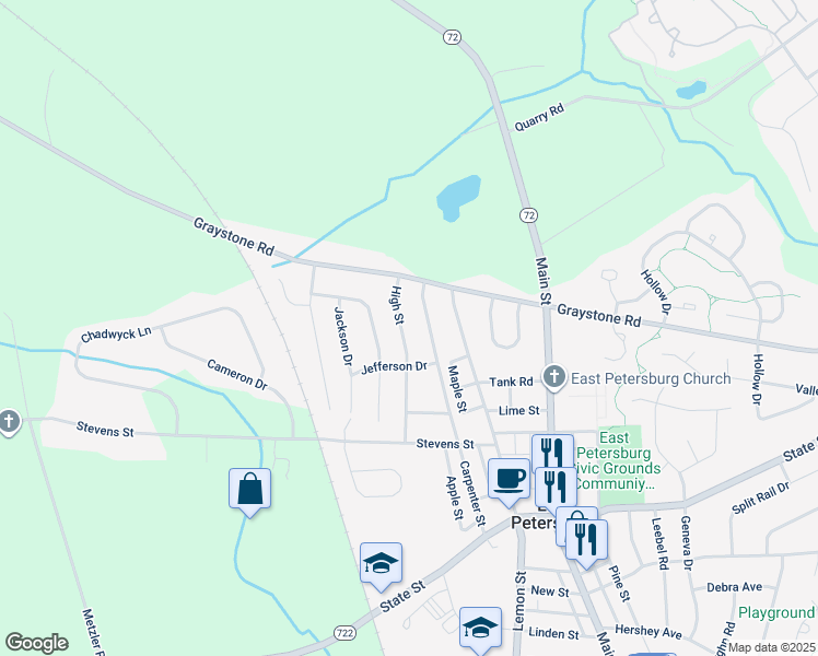 map of restaurants, bars, coffee shops, grocery stores, and more near 6341 High Street in East Petersburg