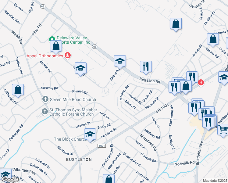 map of restaurants, bars, coffee shops, grocery stores, and more near 9968 Gardenia Lane in Philadelphia