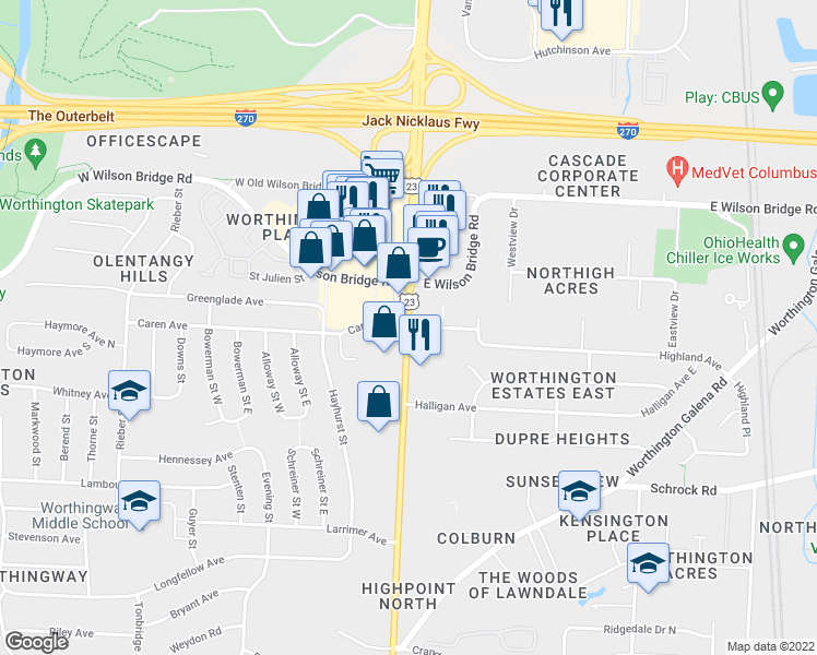 map of restaurants, bars, coffee shops, grocery stores, and more near 1 Highland Ave in Columbus