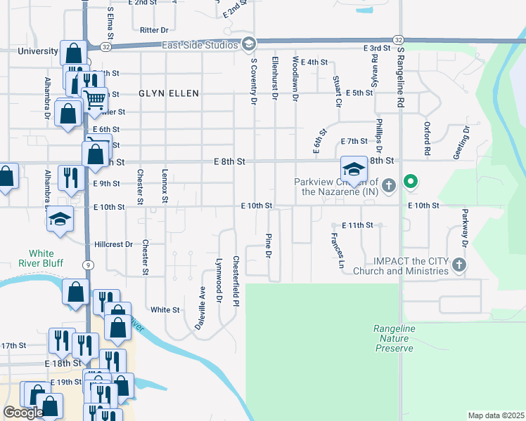 map of restaurants, bars, coffee shops, grocery stores, and more near 1019 Evergreen Court in Anderson