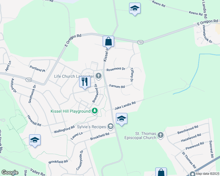 map of restaurants, bars, coffee shops, grocery stores, and more near 701 Farnum Road in Lititz