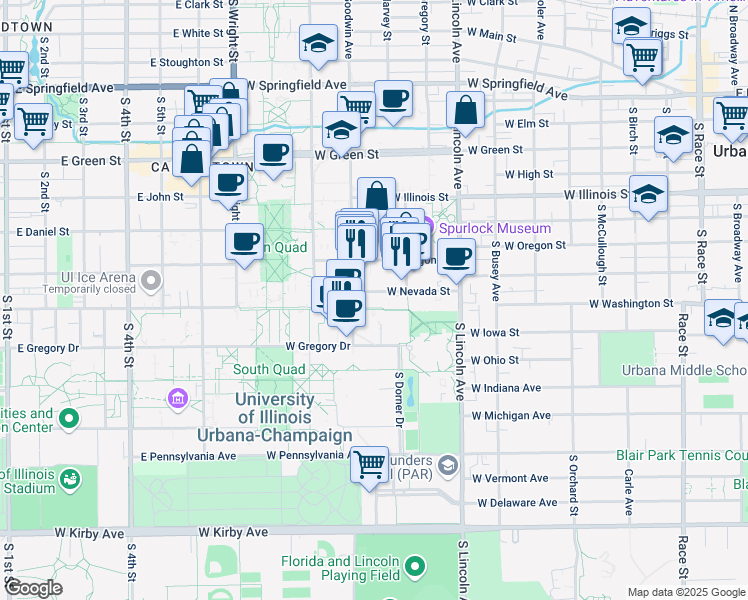map of restaurants, bars, coffee shops, grocery stores, and more near 1111 West Nevada Street in Urbana