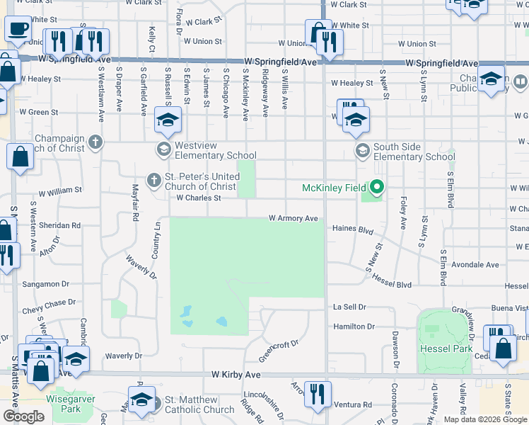 map of restaurants, bars, coffee shops, grocery stores, and more near 1014 West Armory Avenue in Champaign