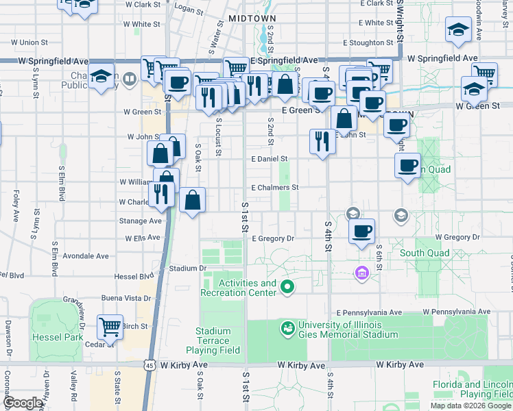 map of restaurants, bars, coffee shops, grocery stores, and more near 106 East Armory Avenue in Champaign