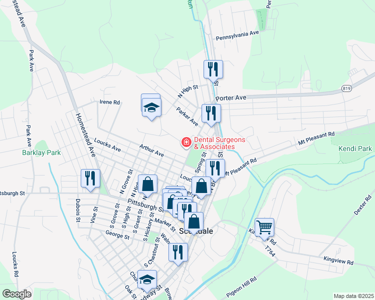 map of restaurants, bars, coffee shops, grocery stores, and more near 421 North Chestnut Street in Scottdale