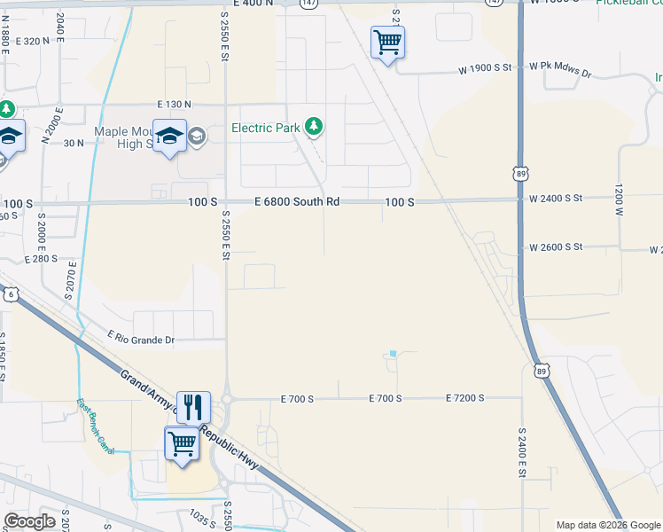 map of restaurants, bars, coffee shops, grocery stores, and more near 263 South 2550 East in Spanish Fork