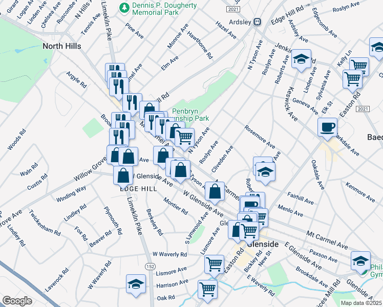 map of restaurants, bars, coffee shops, grocery stores, and more near 123 North Tyson Avenue in Glenside
