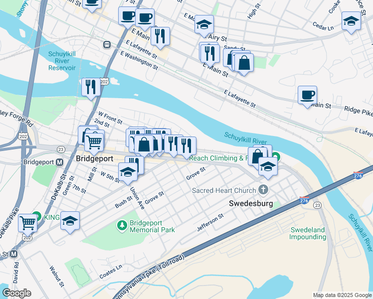 map of restaurants, bars, coffee shops, grocery stores, and more near 6 Ford Street in Bridgeport