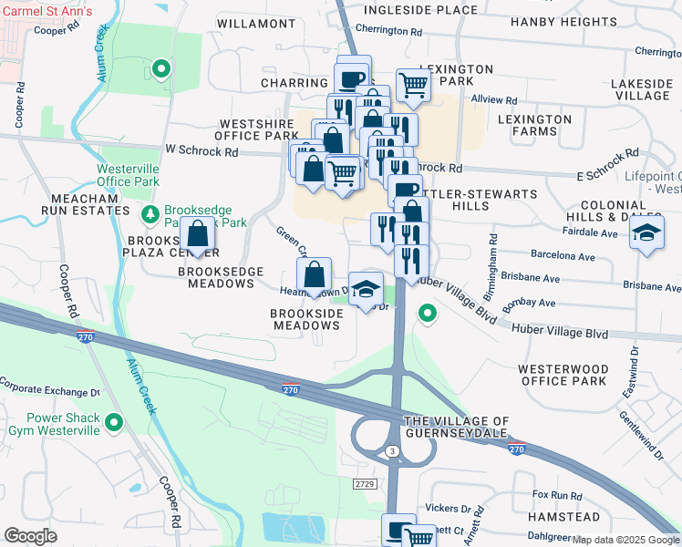 map of restaurants, bars, coffee shops, grocery stores, and more near 102 Lancelot Lane in Westerville