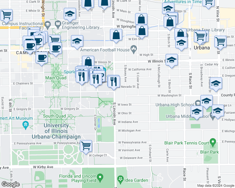 map of restaurants, bars, coffee shops, grocery stores, and more near 807 South Lincoln Avenue in Urbana