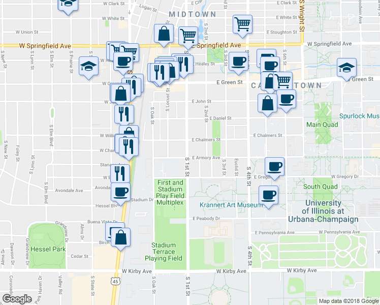map of restaurants, bars, coffee shops, grocery stores, and more near 1013 South 1st Street in Champaign