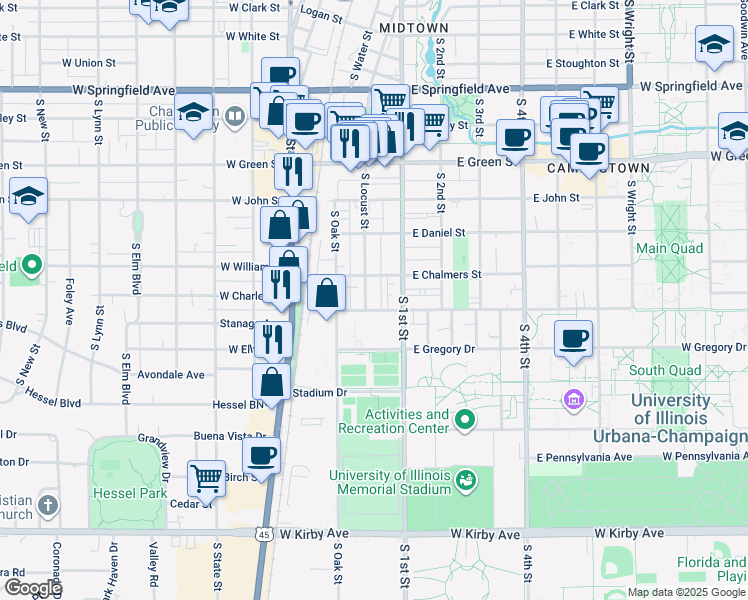 map of restaurants, bars, coffee shops, grocery stores, and more near 1011 South Locust Street in Champaign