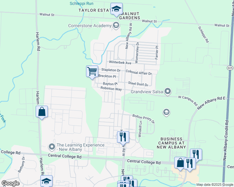 map of restaurants, bars, coffee shops, grocery stores, and more near 5988 Andrew John Drive in New Albany