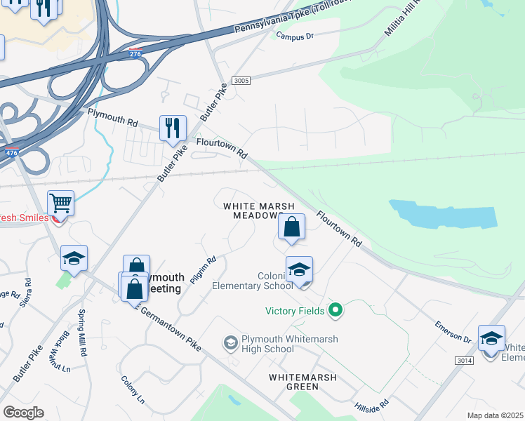 map of restaurants, bars, coffee shops, grocery stores, and more near 114 Woodbine Way in Plymouth Meeting