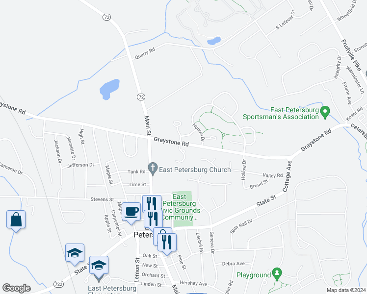 map of restaurants, bars, coffee shops, grocery stores, and more near 6489 Lincoln Court in East Petersburg