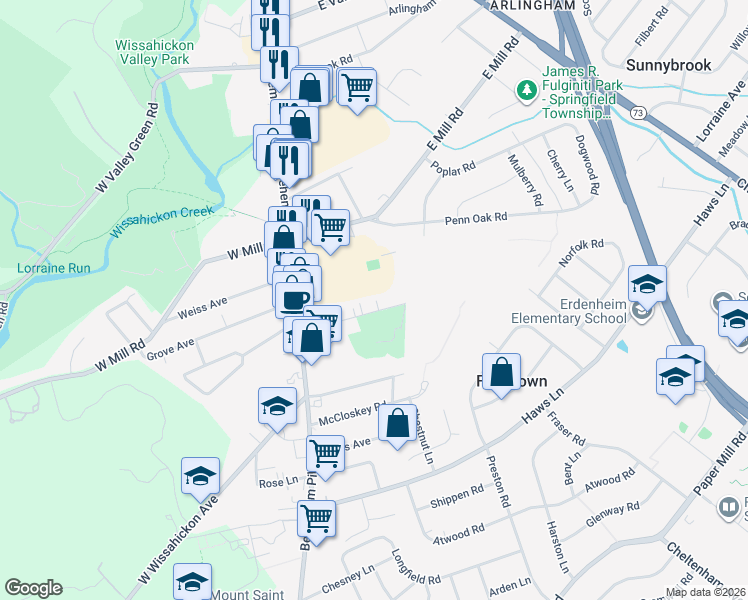 map of restaurants, bars, coffee shops, grocery stores, and more near 35 Bysher Avenue in Flourtown