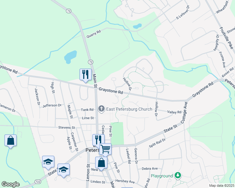 map of restaurants, bars, coffee shops, grocery stores, and more near 6491 Lincoln Court in East Petersburg
