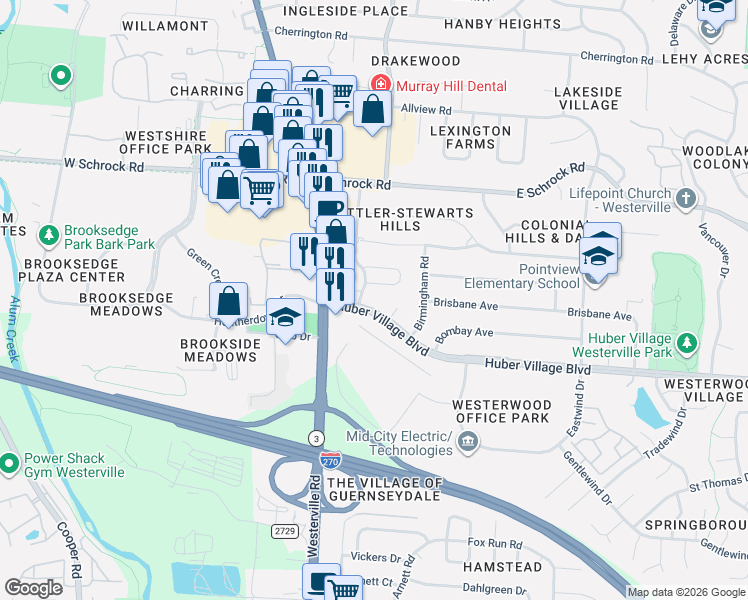map of restaurants, bars, coffee shops, grocery stores, and more near 50 Huber Village Boulevard in Westerville