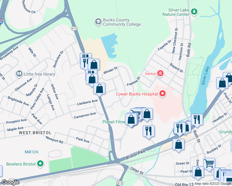 map of restaurants, bars, coffee shops, grocery stores, and more near 702 Winder Drive in Bristol