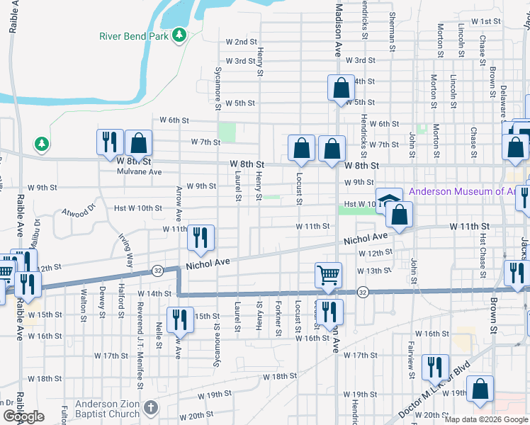 map of restaurants, bars, coffee shops, grocery stores, and more near 1324 West 11th Street in Anderson