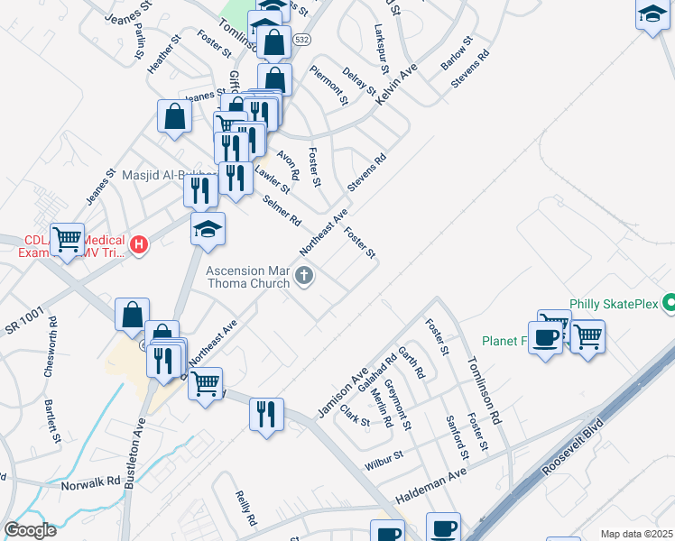 map of restaurants, bars, coffee shops, grocery stores, and more near 10206 Rubin Lane in Philadelphia