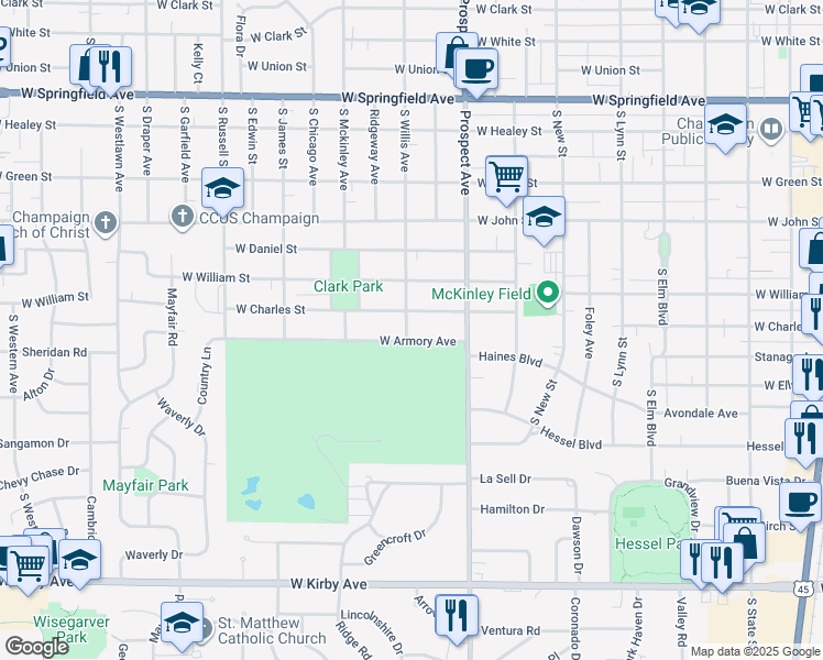 map of restaurants, bars, coffee shops, grocery stores, and more near 924 West Armory Avenue in Champaign
