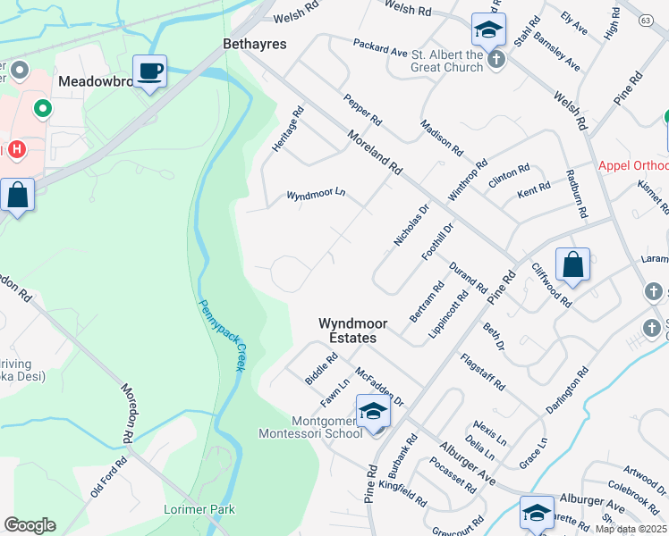 map of restaurants, bars, coffee shops, grocery stores, and more near 1825 Melmar Road in Montgomery County