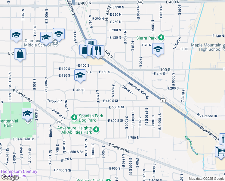 map of restaurants, bars, coffee shops, grocery stores, and more near 2659 East 300 South in Spanish Fork