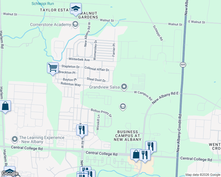 map of restaurants, bars, coffee shops, grocery stores, and more near 7272 West Campus Road in New Albany