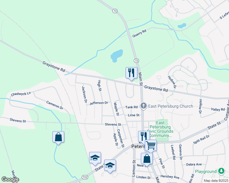 map of restaurants, bars, coffee shops, grocery stores, and more near 6470 Lemon Street in East Petersburg