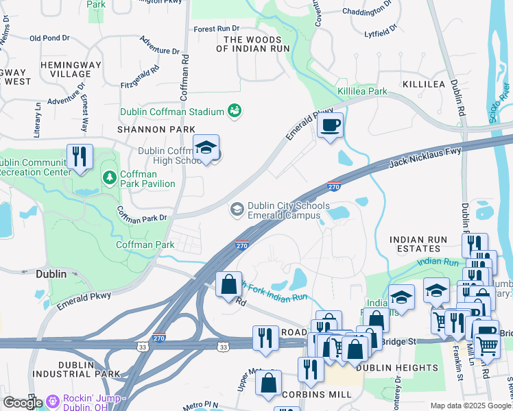 map of restaurants, bars, coffee shops, grocery stores, and more near 5165 Emerald Parkway in Dublin