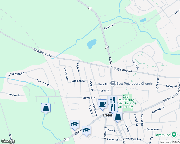 map of restaurants, bars, coffee shops, grocery stores, and more near 6470 Lemon Street in East Petersburg