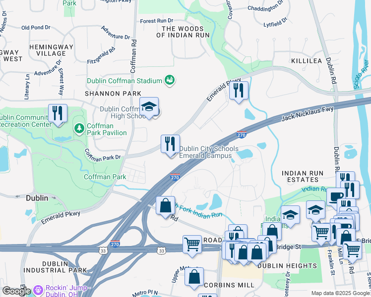 map of restaurants, bars, coffee shops, grocery stores, and more near 5165 Emerald Parkway in Dublin