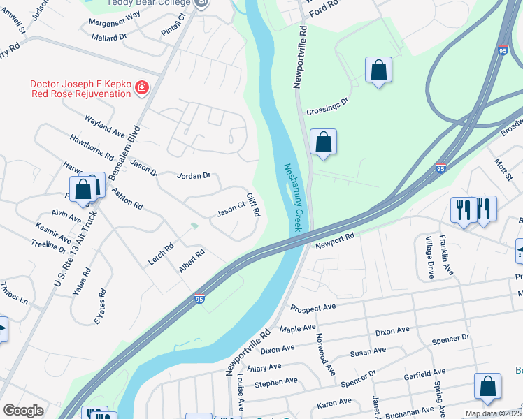 map of restaurants, bars, coffee shops, grocery stores, and more near 789 Cliff Road in Bensalem
