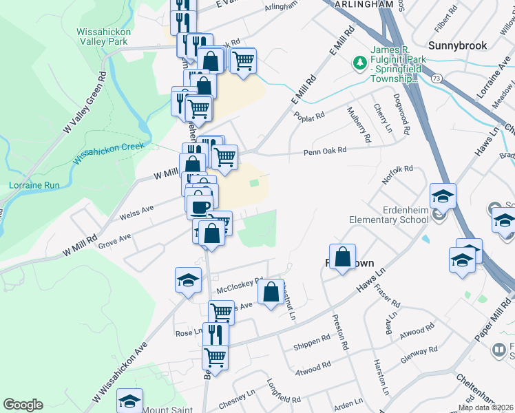 map of restaurants, bars, coffee shops, grocery stores, and more near 35 Bysher Avenue in Flourtown