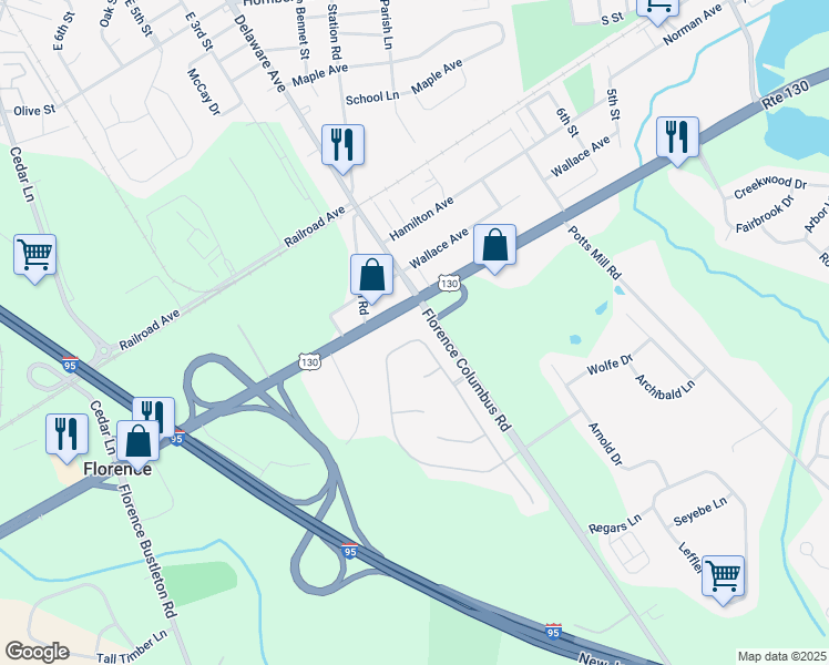 map of restaurants, bars, coffee shops, grocery stores, and more near 248 Birch Hollow Drive in Bordentown