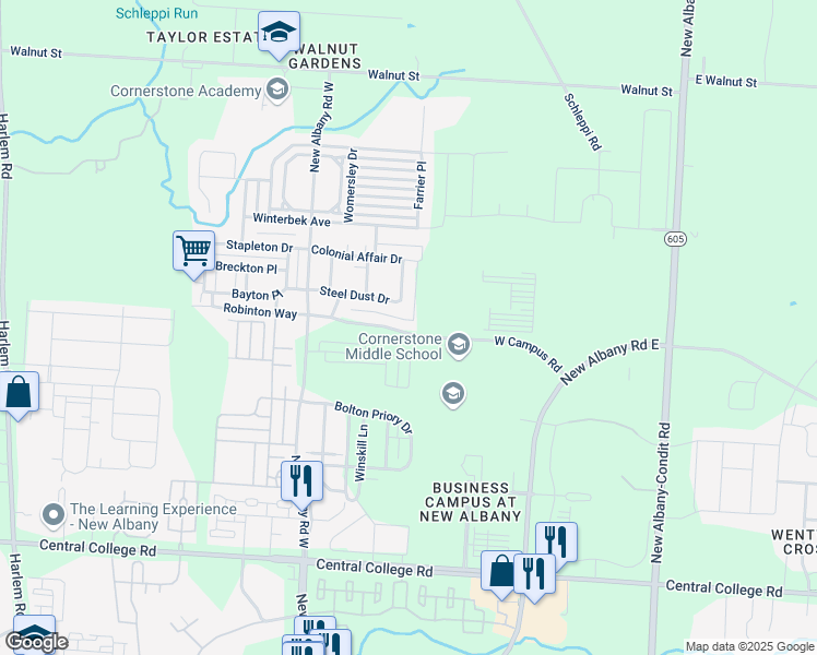 map of restaurants, bars, coffee shops, grocery stores, and more near 7272 West Campus Road in New Albany