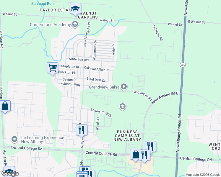 map of restaurants, bars, coffee shops, grocery stores, and more near 7272 West Campus Road in New Albany