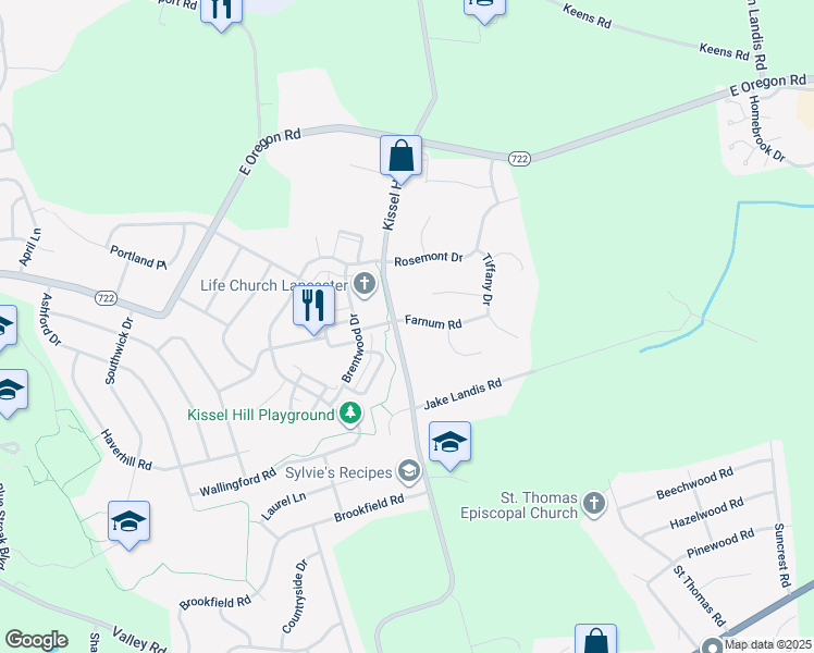 map of restaurants, bars, coffee shops, grocery stores, and more near 701 Farnum Road in Lititz