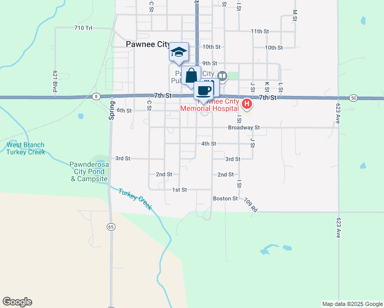 map of restaurants, bars, coffee shops, grocery stores, and more near 323 F Street in Pawnee City