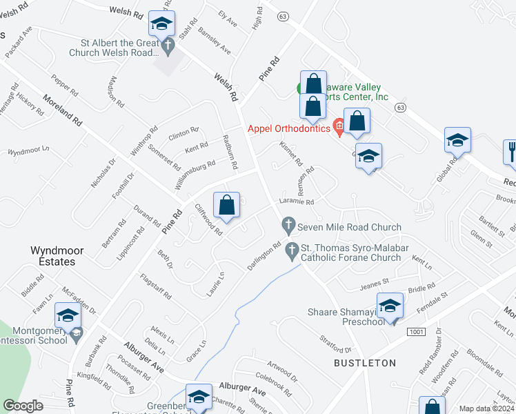 map of restaurants, bars, coffee shops, grocery stores, and more near 9322 Laramie Road in Philadelphia
