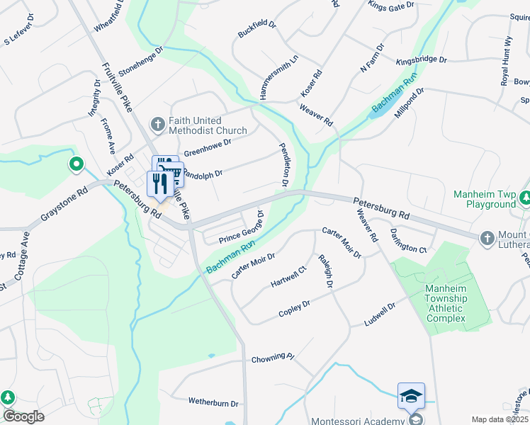 map of restaurants, bars, coffee shops, grocery stores, and more near 626 Prince George Drive in Lancaster