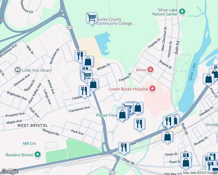 map of restaurants, bars, coffee shops, grocery stores, and more near 702 Winder Drive in Bristol